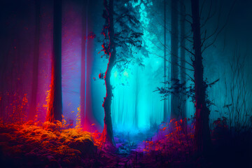 Obraz premium Colorful neon forest illuminated fog in a strange spooky forest with silhouettes of trees. Generative AI technology.