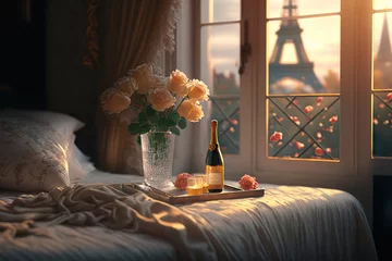 Schilderijen op glas Crumpled bed in room with romantic view of Eiffel Tower in Paris. Based on Generative AI © Yeti Studio