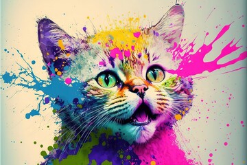  a colorful cat with a surprised look on its face and eyes, with paint splatters all over it, and a white background.  generative ai