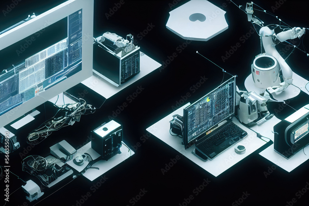 Fototapete computer engineering with monitors and robotics made with generative ai