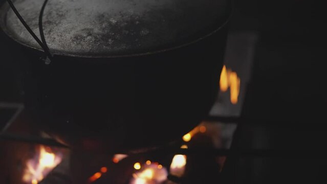 Close-up of a cauldron on the grill