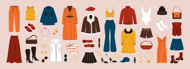 Fashion clothes set. Women apparel accessories cartoon style, trendy wardrobe dress skirt pants shirt coat. Vector collection
