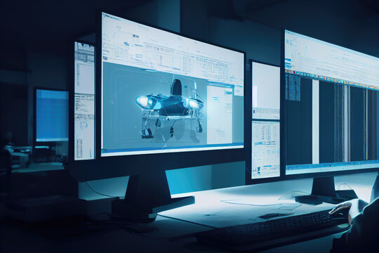 Engineering CAE Computer Aided Engineering with Computer Monitor Screens and Future Graphics Background Made with Generative AI