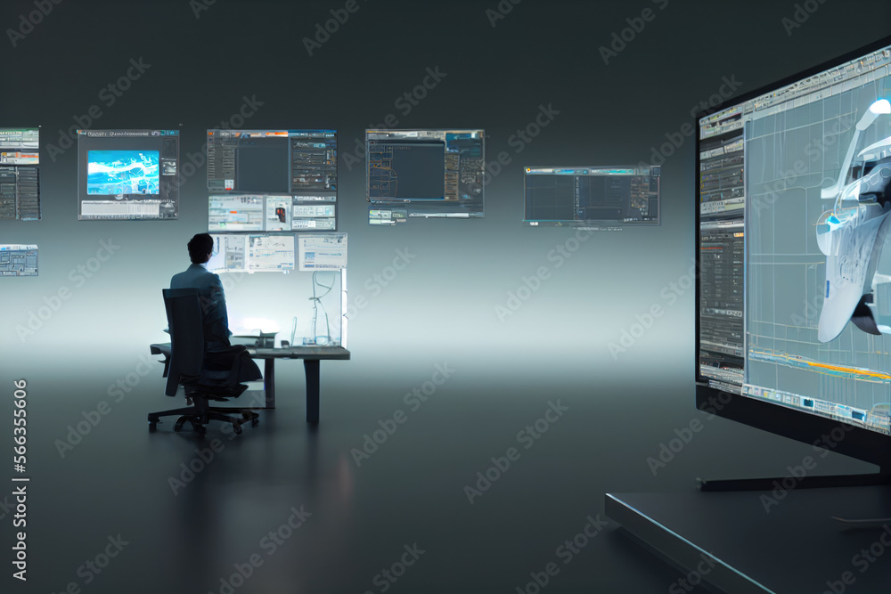 Poster man sitting at desk in front of multiple futuristic monitor screens made with generative ai
