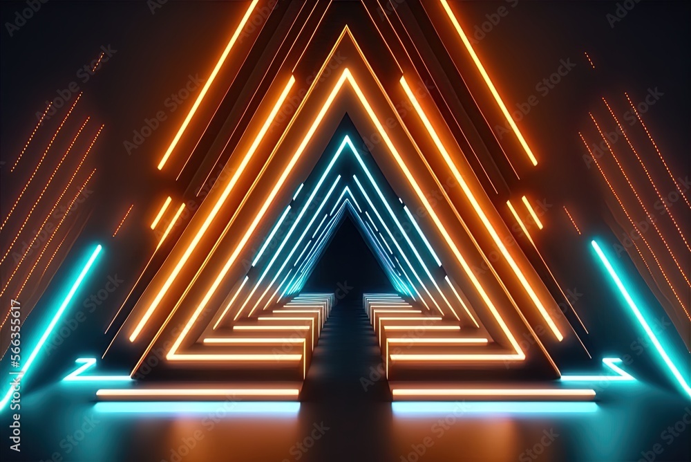Poster technological abstract neon triangular tunnel. looping cartoonish backdrop. trendy neon lamp. bold n