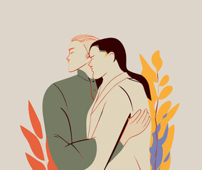 Romantic couple in love vector illustration, two men hugging, non binary, homosexual couple, LGBT, LGBTQ+, partnership and trust, hug, valentine