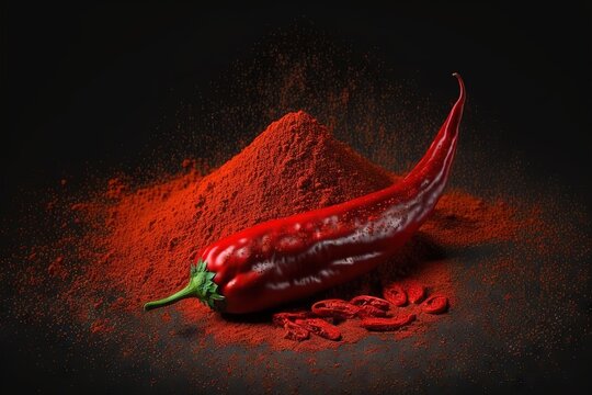  a pile of red chili powder next to a red chili pepper on a black background with red chili powder scattered around the chili pepper and the pepper.  generative ai