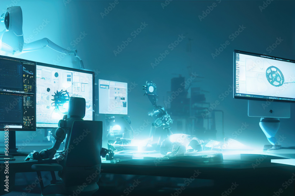 Fototapete robot working at computer desk with monitor glowing made with generative ai