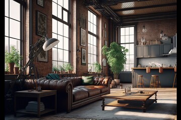  a living room with a couch a table and a lamp in it and a large window with lots of light coming through the windows and a wooden floor.  generative ai