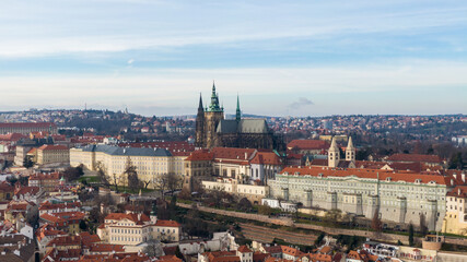 Aerial view of River and buildings in Old Town of Prague, Czech Republic. Drone photo high angle...