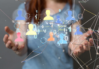 holding 3D rendering group of blue people - connection