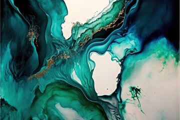  an abstract painting with blue, green and gold colors on a white background with a black border and a gold and white border on the bottom of the image.  generative ai