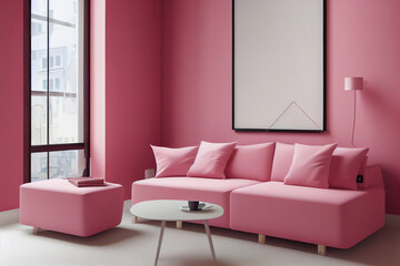 Chic Pink Luxury Modern Living Room Interior with Photo Frame Mockup Made with Generative AI