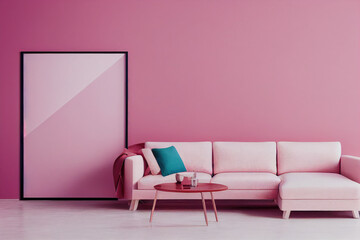 Chic Pink Luxury Modern Living Room Interior with Photo Frame Mockup and Pastel Pink Couch Made with Generative AI