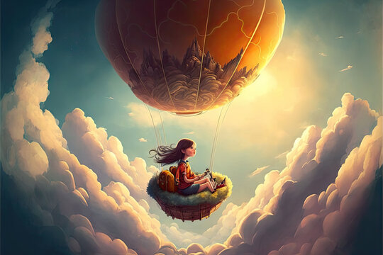 Childish carefree dreams and fantasies. A little girl is flying in a balloon above the clouds. Generative AI.