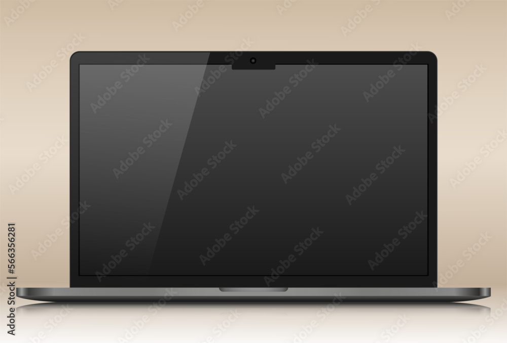 Poster realistic layout of a modern laptop in a dark silver thin metal case. a laptop with an empty black s
