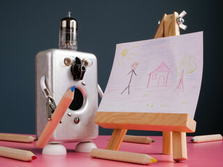 The robot draws a picture. AI Art Generator concept.