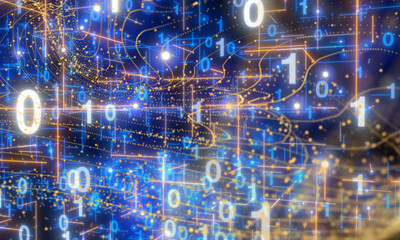 Neural network 3D illustration. Big data and cybersecurity - connection