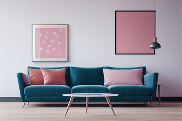 Valentine's Day Pink Modern Decor Interior with Photo Frame Mockup and Teal Couch Made with Generative AI
