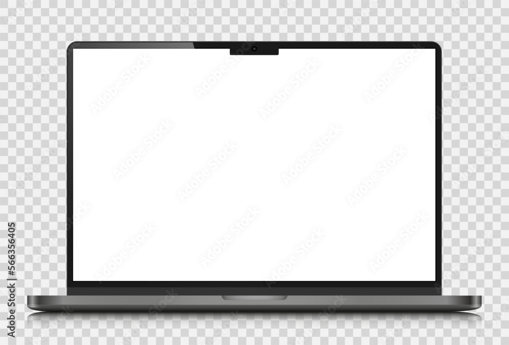 Poster laptop layout with reflection on a transparent background. a realistic laptop with a dark silver cas