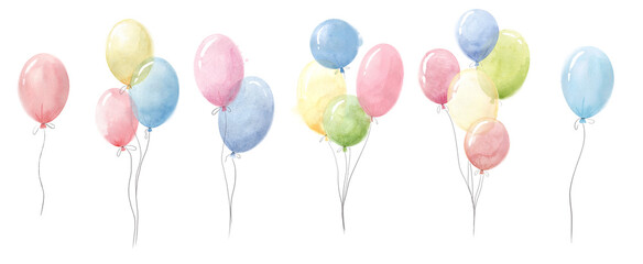 Watercolor balloons set isolated 
Hand-drawn illustration.