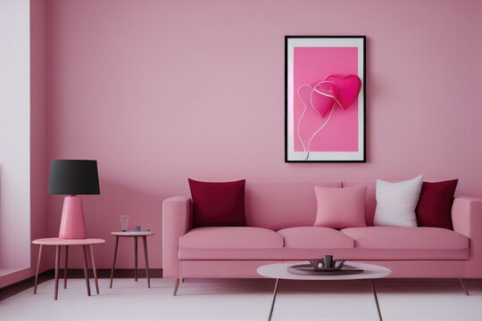 Luxury Pink Modern Living Room Interior for Valentine's Day with Photo Frame Mockup Made with Generative AI