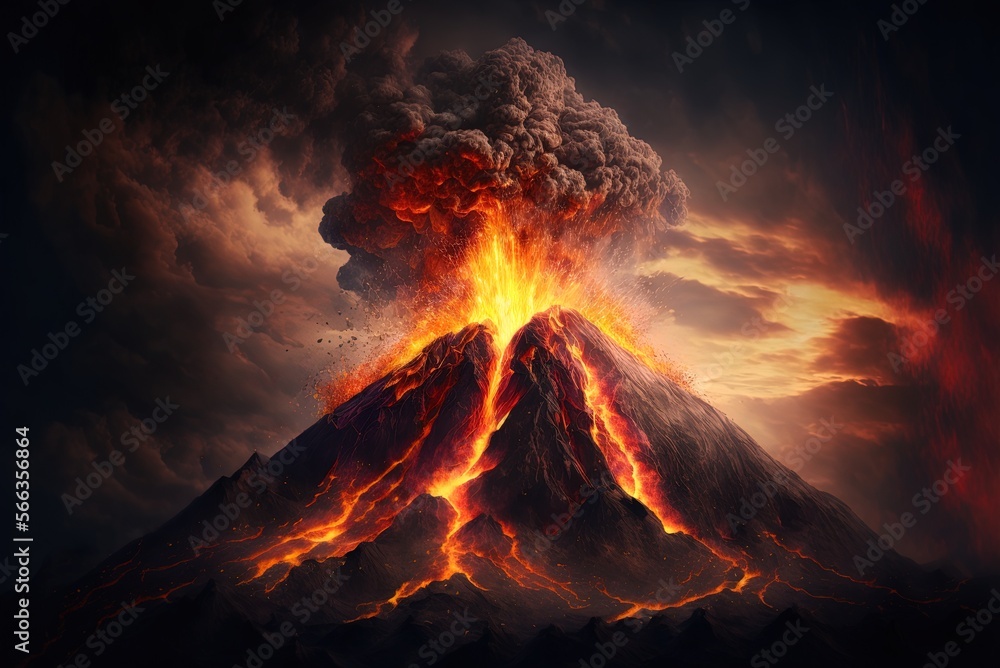 Poster a raging volcano with lava flows. the pyroclastic flow of an explosion. temblor, blazing mountain. g