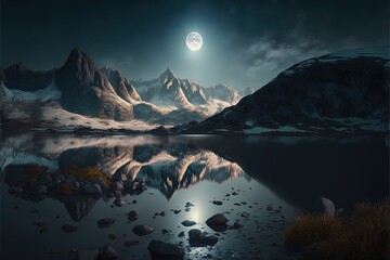  a full moon over a mountain range with a lake in the foreground and a mountain range in the background with rocks in the foreground.  generative ai