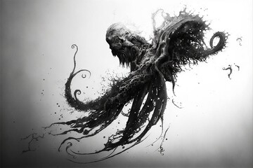  a black and white photo of an octopus in the air with its tentacles splaying out of it's mouth and head, with water droplets coming out of its mouth.  generative ai