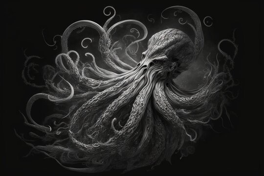  a black and white photo of an octopus in the ocean with a long tentacles on it's back, with a black background and white swirls.  generative ai