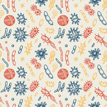 Bacteria and virus seamless pattern. Scientific vector illustration in sketch style. Doodle background