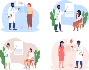 Checkup of patients organs 2D raster isolated illustrations set. Medicine flat characters on cartoon background. Clinic colourful scene for mobile, website, presentation pack