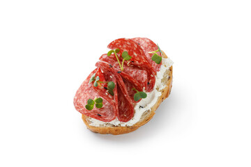 Sandwich, toast with cream cheese, sliced salami, sausage, microgreen isolated on white background....