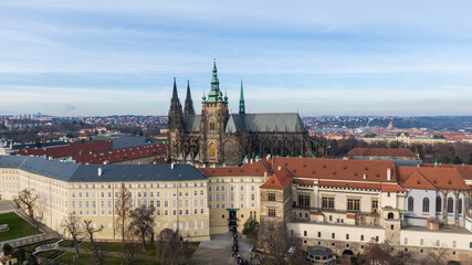 Obraz premium Aerial view of River and buildings in Old Town of Prague, Czech Republic. Drone photo high angle view of City