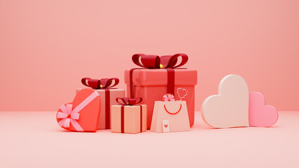 Hearts and colorful square gift boxes and gift box in shape of heart on pink. Love concept for happy Valentine's day, wedding, Women's or Mother's day. Scene with empty space. 3d render illustration.