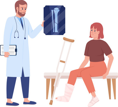 Therapist consulting woman with broken leg semi flat color raster characters. Posing figures. Full body people on white. Injury simple cartoon style illustration for web graphic design and animation