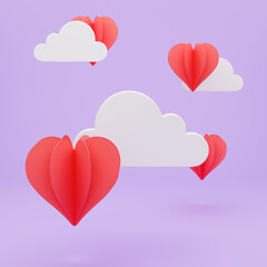 Fototapeta na wymiar Heart shaped balloons in the clouds. Set of hearts. Lilac background. 3d render illustration. Love concept for happy Valentine's day, wedding, Women's or Mother's day. 3d render illustration.