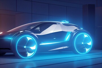 Obraz na płótnie Canvas A modern electric car with a charging station turning into a futuristic hologram. 3D rendering. Generative AI