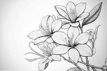  a black and white drawing of flowers on a white background with a black and white border around the flowers and leaves of the flower stem.  generative ai