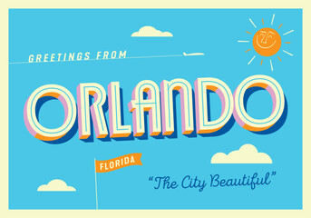 Greetings from Orlando, Florida, USA - The City Beautiful - Touristic Postcard. - obrazy, fototapety, plakaty