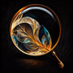 An abstract golden oil painting of a magical magnifying glass on a black background