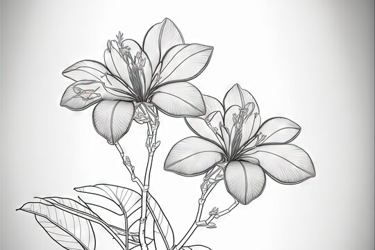  a black and white drawing of three flowers on a stem with leaves on the stem and on the stem is a single stem with two flowers on each stem.  generative ai
