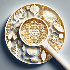 An ethereal and detailed icon of a magnifying glass, gold and white, surrounded by knolling paper cut illustrations, white background