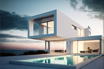 Fototapeta na wymiar a modern house with a swimming pool in front of it at dusk with the sun setting behind the house and the ocean in the background. generative ai