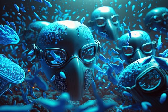 During the 2009 coronavirus epidemic, the ocean was full with people swimming wearing blue face masks to shield themselves from the bright lights and sandy bottom of the ocean. Generative AI