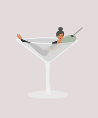 Fit woman doing yoga with a glass of cocktail. Love for yoga and cocktails concept