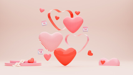 Colorful hearts of different sizes hovering on beige background. Style scene. Podium for product, envelopes, calendar. 3d render illustration. Concept for happy Valentine's day.