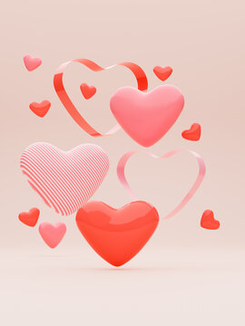 Pink, red and striped hearts of different sizes hovering on beige background. Colorful style scene. 3d render illustration. Concept for happy Valentine's day, wedding, Women's or Mother's day. 