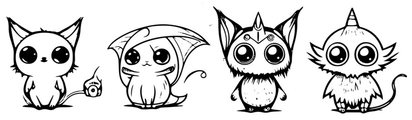 cartoons, vektor, abbildung, halloween, kind, zeichnung, black, character, comic, gesicht, junge, spaß, lächeln, monster, kunst, schädel, leute, tier, komisch, kostüm, rpg, cartoon, cute, eyes, graphi