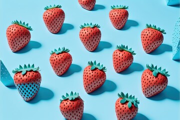  a group of strawberries sitting on top of a blue surface with a knife in the middle of the picture and a row of strawberries in the middle.  generative ai